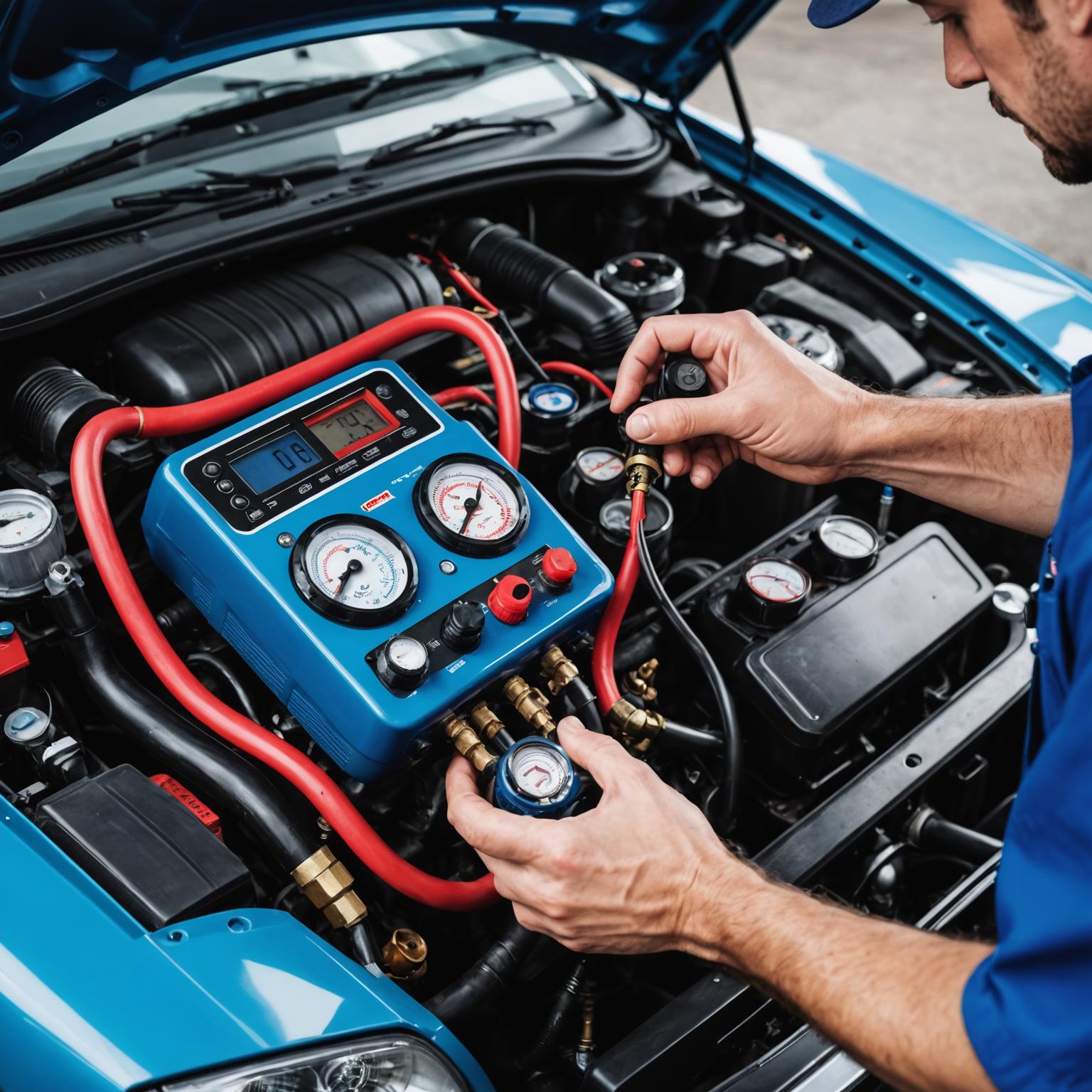 Air conditioning service with refrigerant gauges